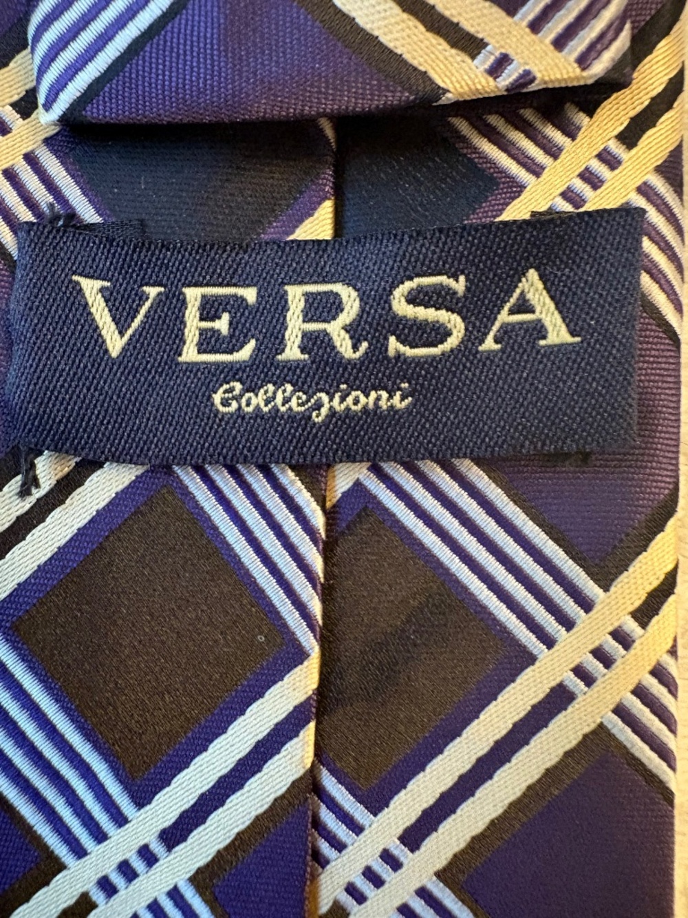 Versa Collezioni Men's Plaid Silk Blend Necktie - Navy / Purple / Gold 3"
